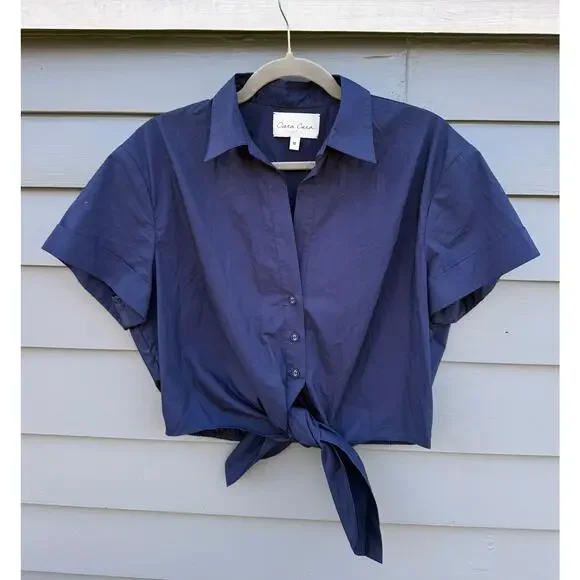 CARA CARA Asbury Button Down Cropped Top in Evening Blue Medium M